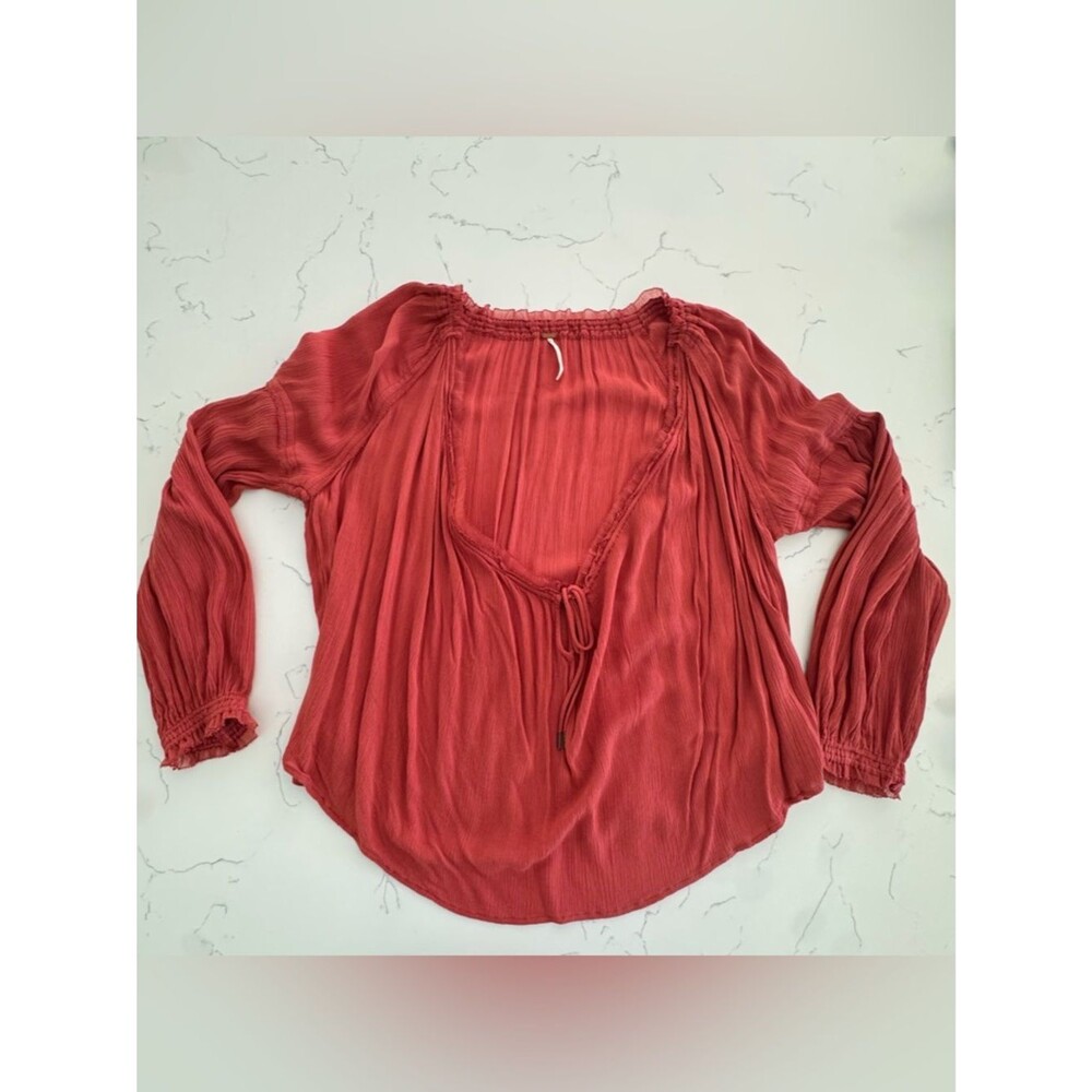 Free People Coral Boho Peasant Blouse Oversized Textured Tie Neck Top Size S